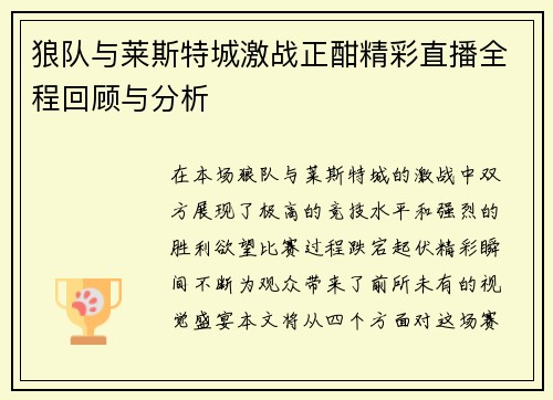 狼队与莱斯特城激战正酣精彩直播全程回顾与分析